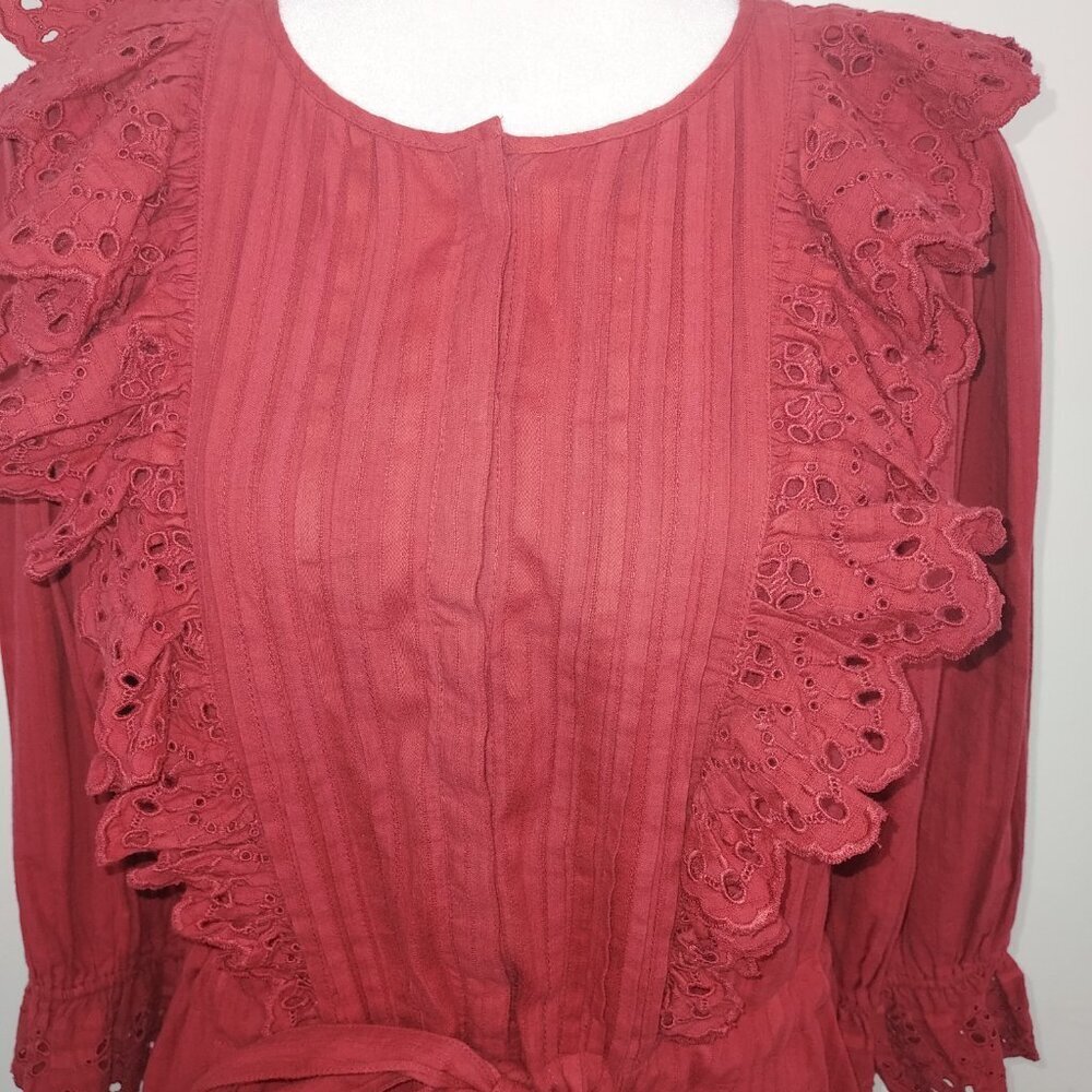 Rebecca Taylor La Vie Satin Stripe Dobby Ruffle Eyelet Red Mini Dress Size Sm - Picture 3 of 14